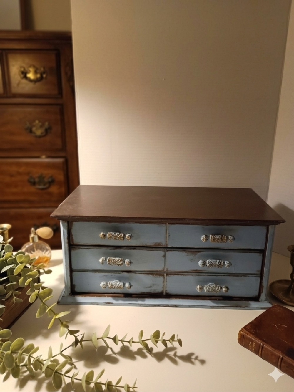 Upcycled French Country Blue Jewelry Box Chest